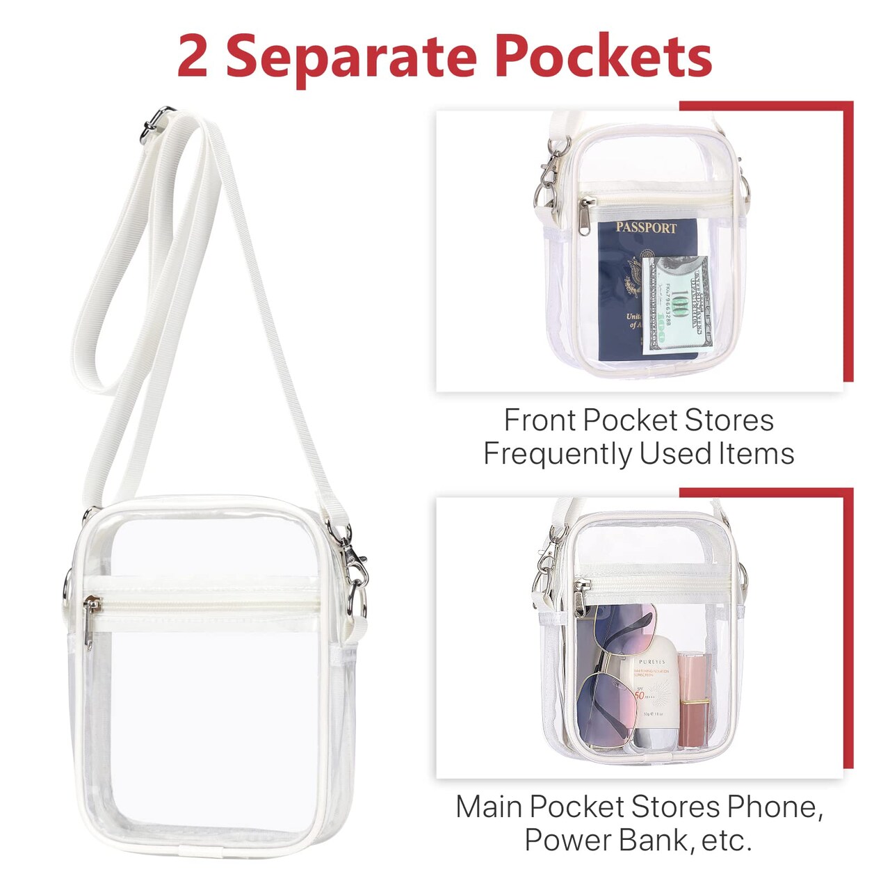 Clear Purses for Women Stadium - Clear Bag Stadium Approved Crossbody Bag Adjustable Shoulder Strap for Concerts Sports Festivals Events Game Day, White